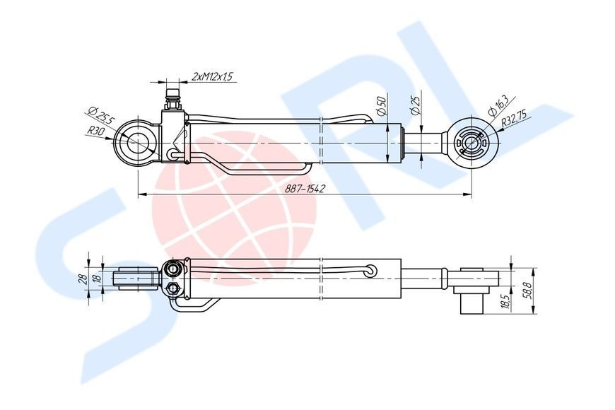 Цилиндр поднятия кабины L=889mm МАН MAN TGA, TGL, TGM, TGS, TGX "SORL" (81417236123) 50031401530 50031401530 фото